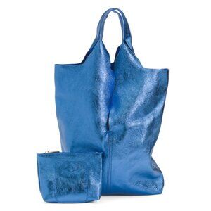 MARLON Blue Made In Italy Leather Row Cut Slouchy Hobo Metallic